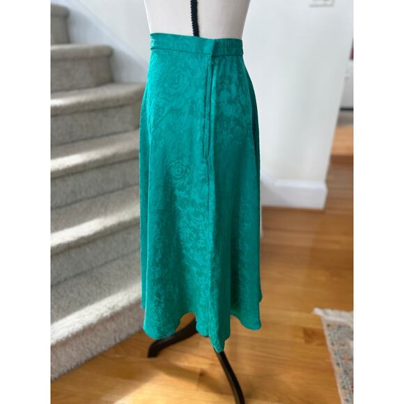 Vintage 90s Turquoise Green Floral Silk A-Line Midi Skirt Western Romantic Boho - Picture 4 of 8